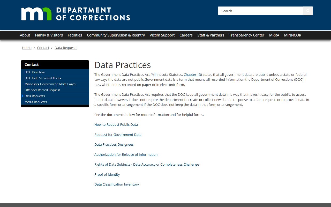 Minnesota DOC Data Requests page for inmate records