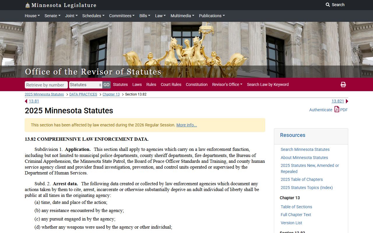 Minnesota law enforcement data statute for arrest and booking records