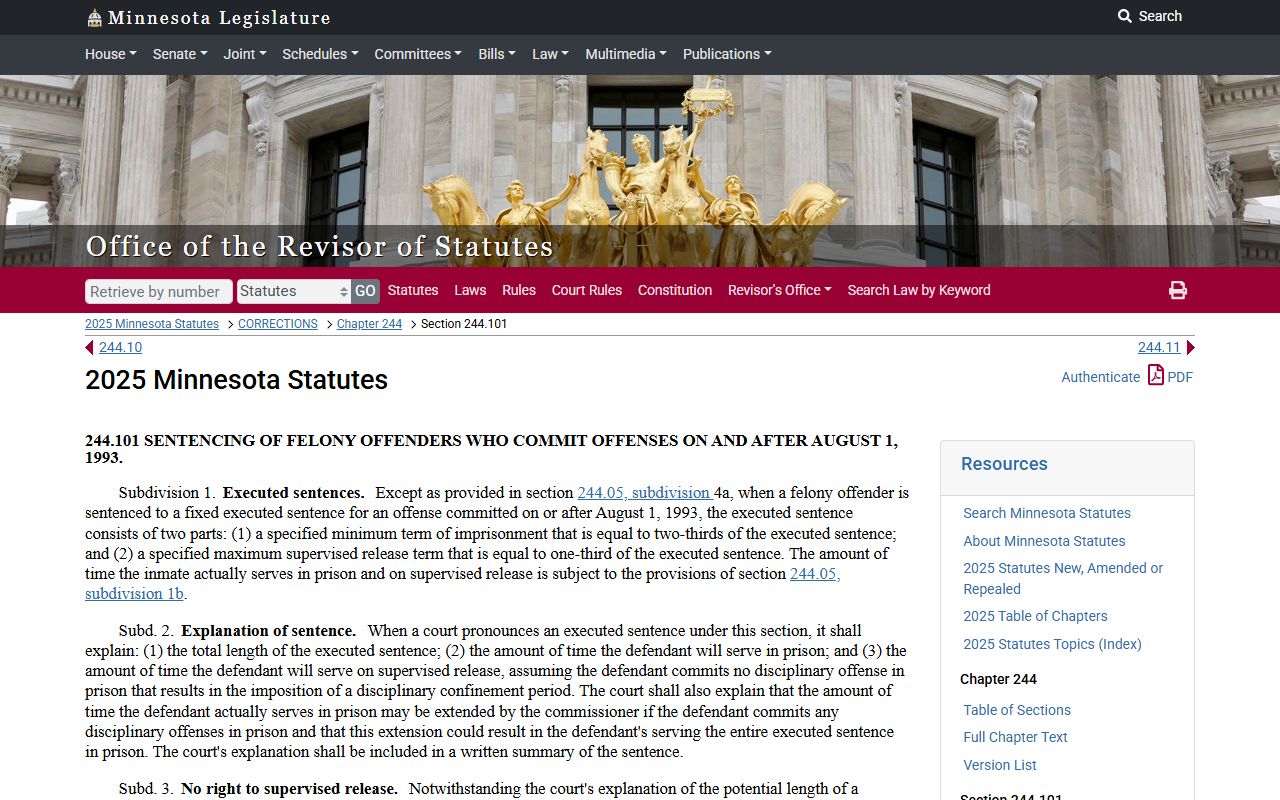 Minnesota sentencing law for MNDOC inmate population release terms